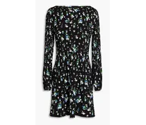 Floral-print plissé-crepe mini dress - Black