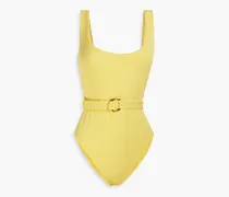 Rio belted stretch-seersucker swimsuit - Yellow