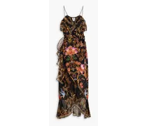 Crystal-embellished printed silk crepe de chine maxi wrap dress - Black