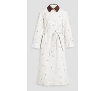 Corduroy-trimmed floral-print shell trench coat - White
