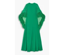 Christelle cape-effect crystal and feather-embellished crepe gown - Green