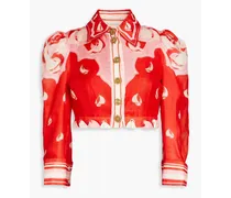 Cropped printed linen and silk-blend shirt - Red