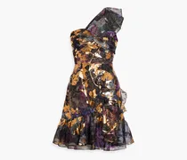 One-shoulder ruched metallic floral-print mini dress - Metallic