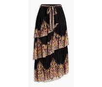 Tiered paisley-print chiffon midi skirt - Black