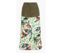 Ingrid poplin-paneled printed linen-blend gauze midi skirt - Green