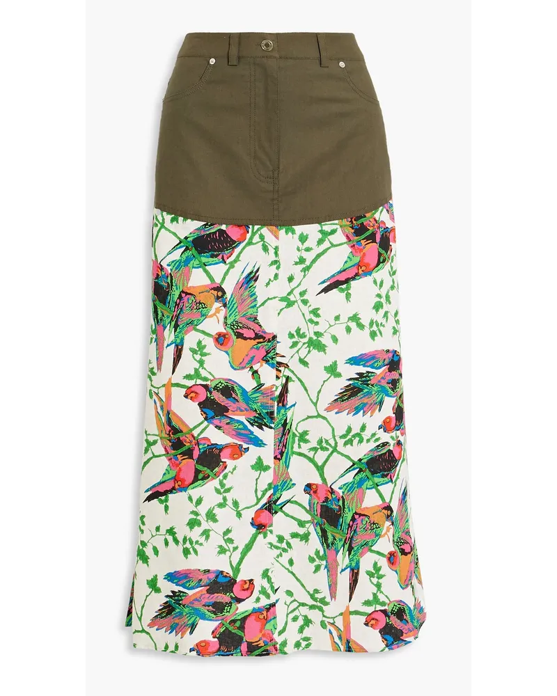 Ingrid poplin-paneled printed linen-blend gauze midi skirt - Green