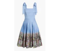 Bow-detailed pleated floral-print cotton-blend poplin dress - Blue