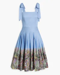 Mikael Aghal Bow-detailed pleated floral-print cotton-blend poplin dress - Blue Blue