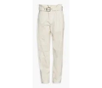 Bead-embellished belted cotton-blend tapered pants - White