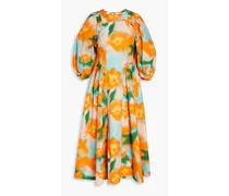 Open-back floral-print cotton-poplin midi dress - Orange