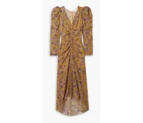 Ferrara ruched printed silk-crepe maxi dress - Yellow