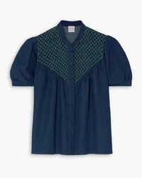 Loretta Caponi Iole embroidered smocked cotton and linen-blend blouse - Blue Blue