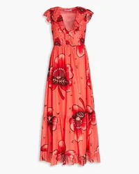 RED Valentino Floral-print silk and cotton-blend voile midi dress - Orange Orange