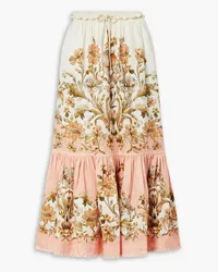 Zimmermann Chintz belted tiered floral-print linen midi skirt - Pink Pink