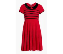 Bow-detailed striped ribbed wool mini dress - Red