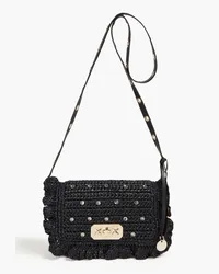 RED Valentino Ruffle-trimmed embellished faux raffia shoulder bag - Black Black