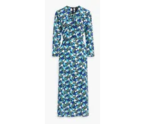 Pintucked floral-print silk-crepe midi dress - Blue