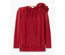 Appliquéd stretch-jersey wrap blouse - Red