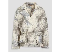 Belted printed linen-blend jacket - White