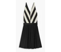 Striped satin-paneled silk crepe de chine midi dress - Black