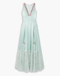 LoveShackFancy Mirette appliquéd lace and embroidered tulle-trimmed silk-satin maxi dress - Green Green