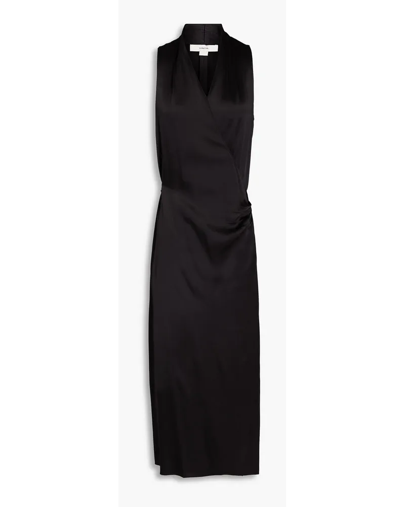 Vince Pleated satin-crepe midi wrap dress - Black Black