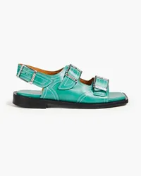 Ganni Topstitched leather slingback sandals - Blue Blue