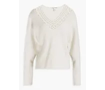 Embellished crochet-trimmed ribbed cashmere sweater - White