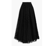 Gathered cotton-blend Leavers lace midi skirt - Black