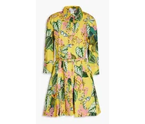 Pleated floral-print stretch cotton-poplin mini shirt dress - Yellow
