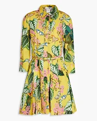 Oscar de la Renta Pleated floral-print stretch cotton-poplin mini shirt dress - Yellow Yellow