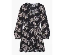 Xena ruffle-trimmed floral-print crepe de chine mini wrap dress - Black