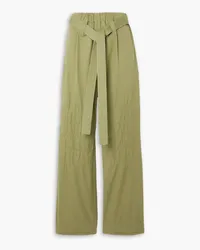 Stella McCartney Belted washed cotton-blend twill wide-leg trousers - Green Green