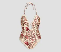 Crochet-trimmed floral-print swimsuit - White