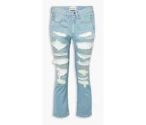 Sequin-embellished distressed mid-rise straight-leg jeans - Blue