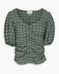 Ganni Ruched checked seersucker top - Green Green