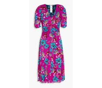 Koren reversible ruched floral-print stretch-mesh dress - Purple
