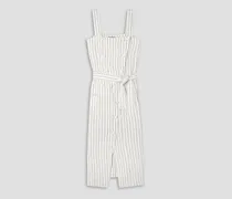 Audrey belted striped linen midi dress - White