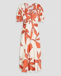 ba&sh Gathered printed satin midi dress - Orange Orange