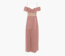 Cold-shoulder ruffled organza-paneled silk-chiffon gown - Pink