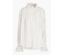 Ruffled striped cotton and linen-blend shirt - Neutral