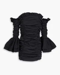 ROTATE Birger Christensen Off-the-shoulder ruffled cotton-blend poplin mini dress - Black Black