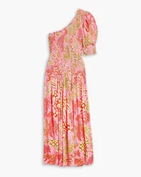 FARM Rio One-sleeve shirred printed woven midi dress - Pink Pink