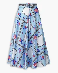 Rodarte Belted printed silk-twill midi skirt - Blue Blue