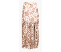 Fringed floral-print linen maxi skirt - Brown