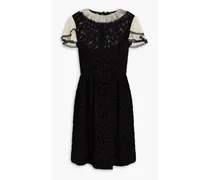 Ruffled tulle-trimmed cotton-guipure lace mini dress - Black
