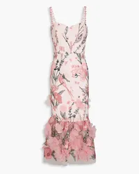 Marchesa Floral-appliquéd embroidered tulle midi dress - Pink Pink