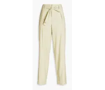 Belted pleated linen-blend straight-leg pants - Green