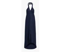 Asymmetric linen-blend halterneck dress - Blue