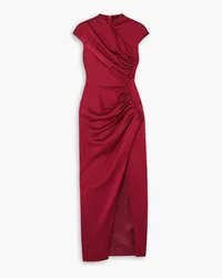 RASARIO Button-embellished draped satin midi dress - Burgundy Burgundy